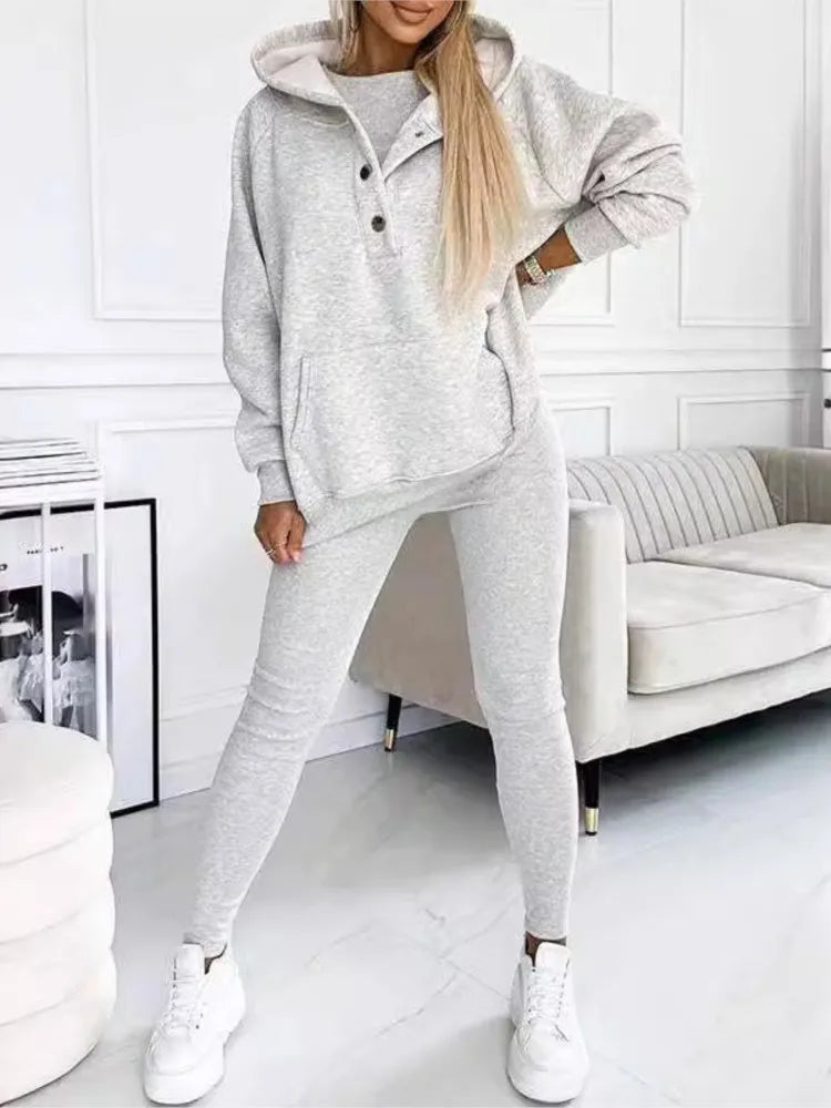 Autumn Winter Hoodie Women Casual Long Sleeve Vest Suit Solid Color Fashion Loose Sports Small Feet Trousers Female 3 Piece Set