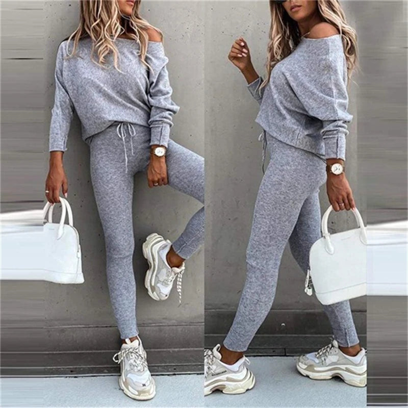 Casual Long-sleeved Oblique Shoulder Blouse Lace-up Slim Trousers Fashion Suit 1-line Collar Pleated Top Pants 2-piece Set Women