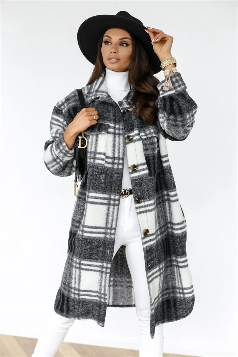 Women Plaid Printed Warm Jacket 2021 Autumn Winter New Fashion Casual Long Overcoat Pop Lapel Lady Single Breasted Shirt Coats