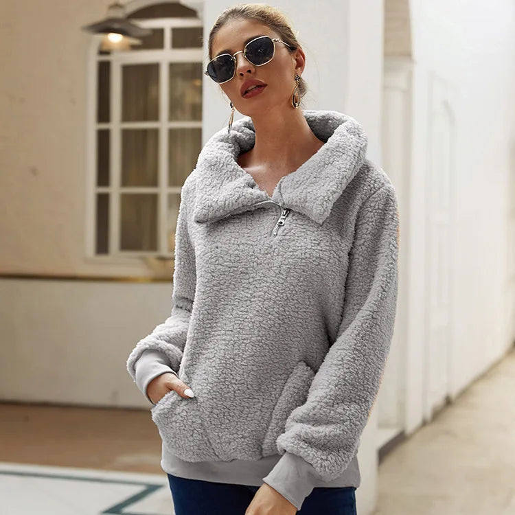 Autumn and winter lamb wool asymmetrical collar pullover solid color thick hoodie sweater top for women