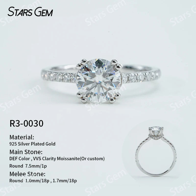 S925 Silver Round Brilliant Cut Moissanite Ring Solitaire Engagement Ring Fine Jewelry