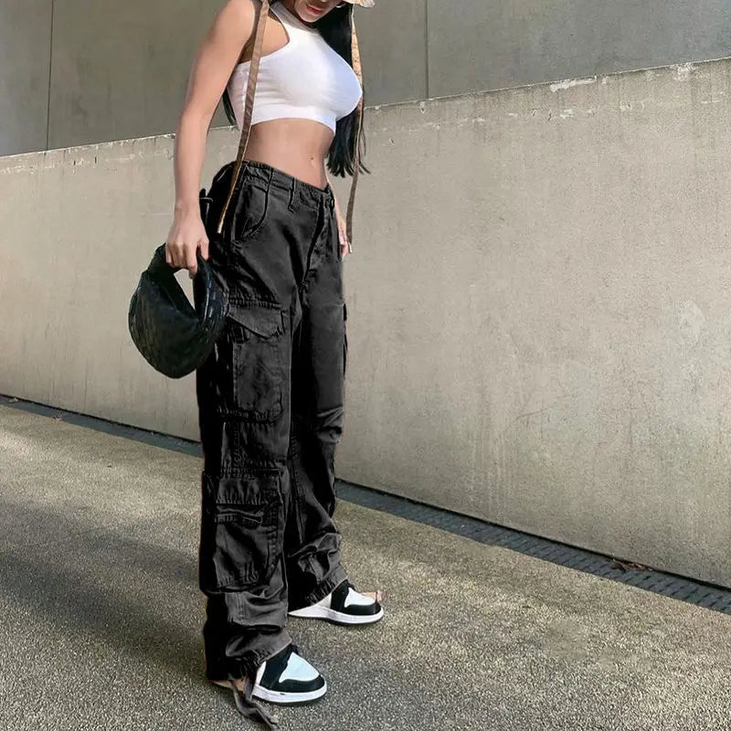 Women's Gray Cargo Pants, Baggy Jeans, Hip Hop Streetwear, More Pockets,, High Waist, Straight Y2k Denim Trousers,