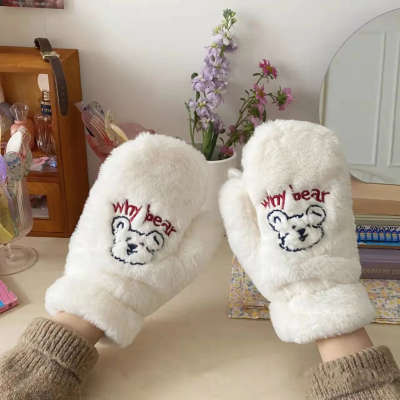 Kawaii Plush Warm Gloves Soft Winter Thick Fingerless Korean Japanese Bear Gloves With Ropes Casual Outdoor Riding Mittens Warm