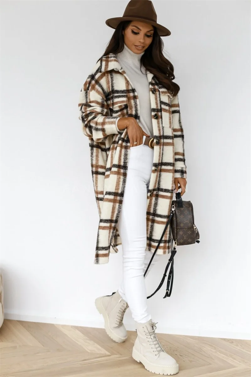 Women Plaid Printed Warm Jacket 2021 Autumn Winter New Fashion Casual Long Overcoat Pop Lapel Lady Single Breasted Shirt Coats