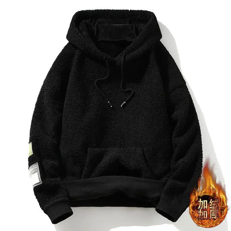 Warm Lambswool Hoodie Men Fleece Lined Sportswear Korean Pullover Thickened Thermal Windproof Patchwork Versatile Sweatshirt