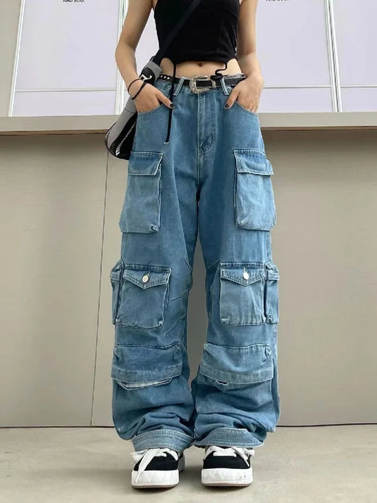 Multi-Pocket Washed Cargo Pants Women Heavy Industry Streetwear Y2K Vintage High Waist Oversized Straight-Leg Jeans Trousers