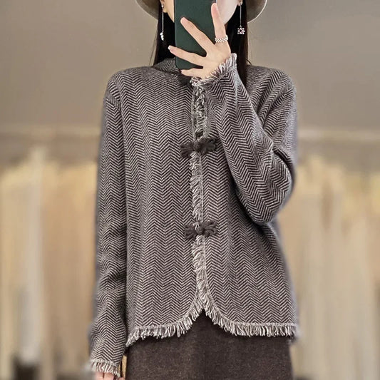 Tailor Sheep Pure Merino Wool Knitted Women's Cardigan Standing Neck Sweater Autumn and Winter Long Sleeved Coat