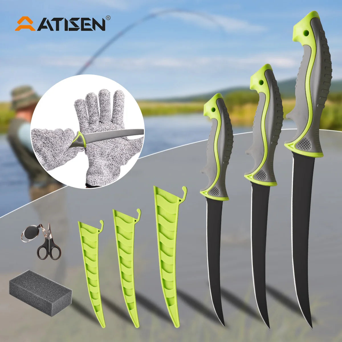 ATISEN 8PC Seahorse Styled Fishing Horn Knife Set, Fishing Tool with Protective Sheath Filleting Knife, Cut Resistant Gloves, Cleaning Sponge, Fishing Line Cutter and Stretch Cord Anti Loss Device, Perfect Gift for Men