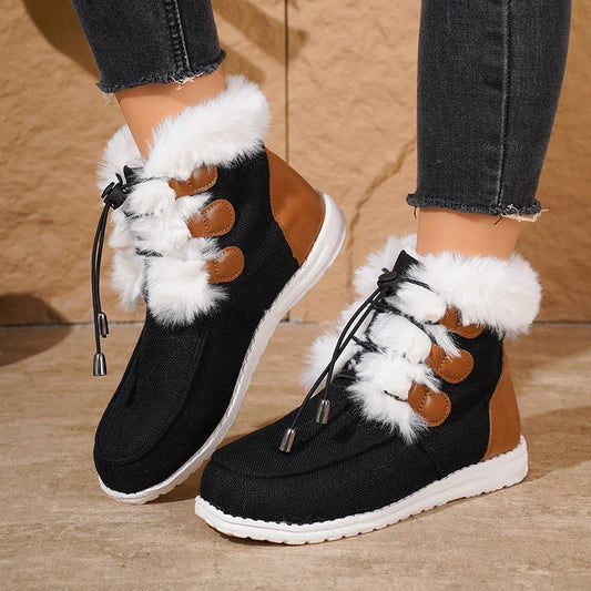 Non Slip Winter Fur Snow Boots Women Casual Lace Up Flat Heels Snow Boots Woman Comfortable Faux Fur Cotton Padded Shoes Female