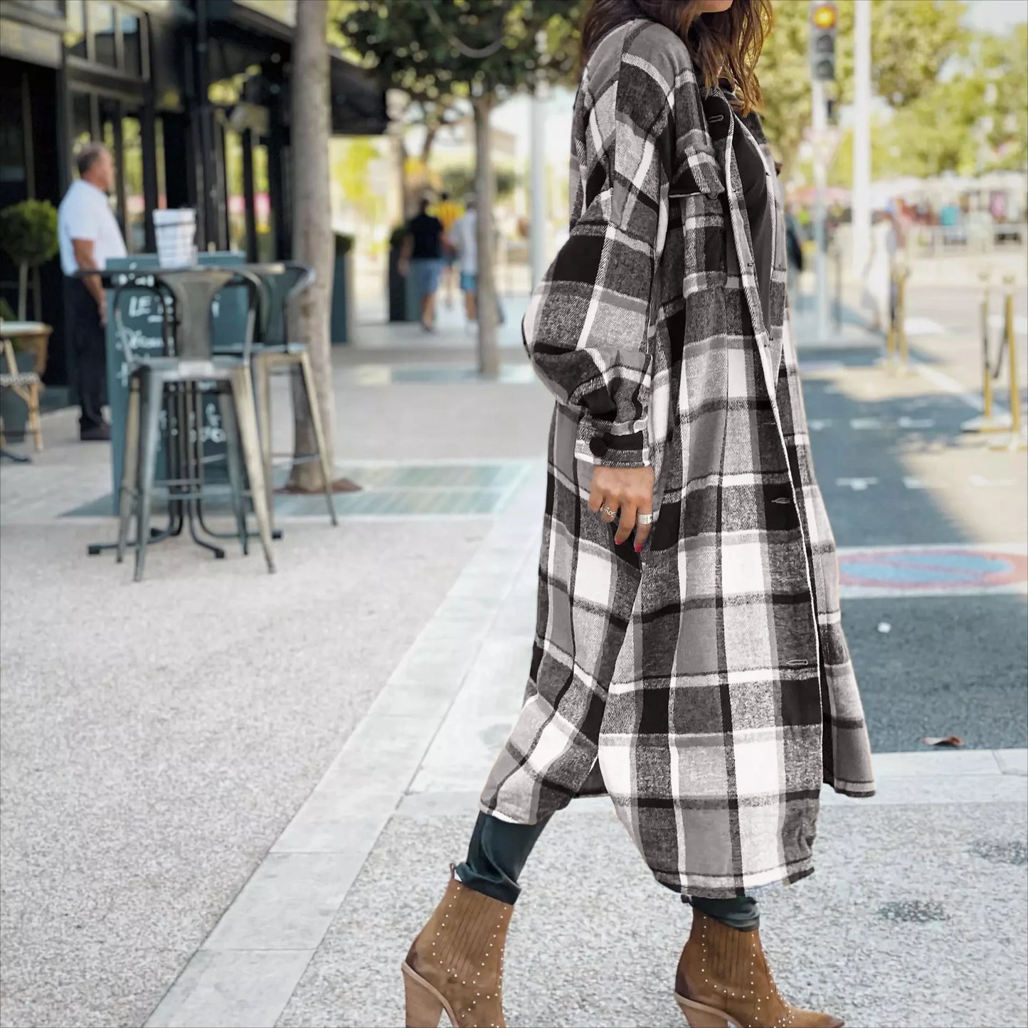 Women Coat Plaid Print Long Maxi Button Coats Long Sleeve Shacket Autumn Turn Down Collar Single Jacket Breasted Spring Jackets