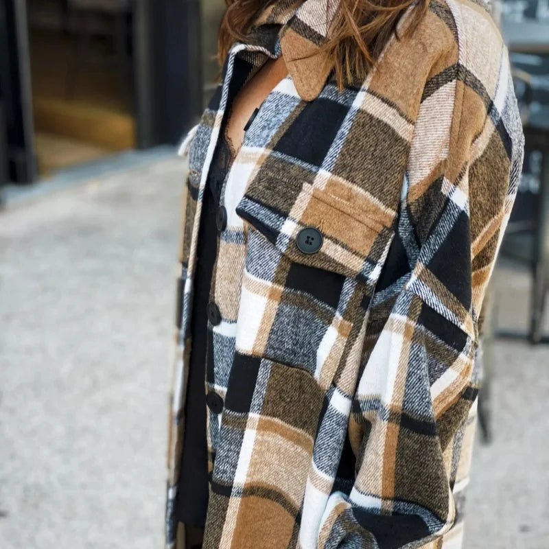 Women Coat Plaid Print Long Maxi Button Coats Long Sleeve Shacket Autumn Turn Down Collar Single Jacket Breasted Spring Jackets