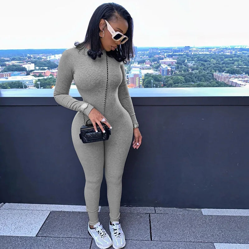 Sexy Bodycon Women's Jumpsuits Long Sleev Knitted Gray Sports One Piece Outfits Playsuits Clothes 2024 Streetwear Gym Overalls