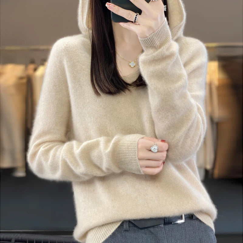 2024 100% Merino Pure Wool V-neck Hoodie Autumn/Winter Hoodie New Cashmere Sweater Women's Casual Knitted Top DMR207