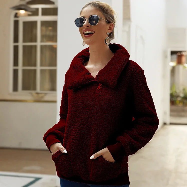 Autumn and winter lamb wool asymmetrical collar pullover solid color thick hoodie sweater top for women