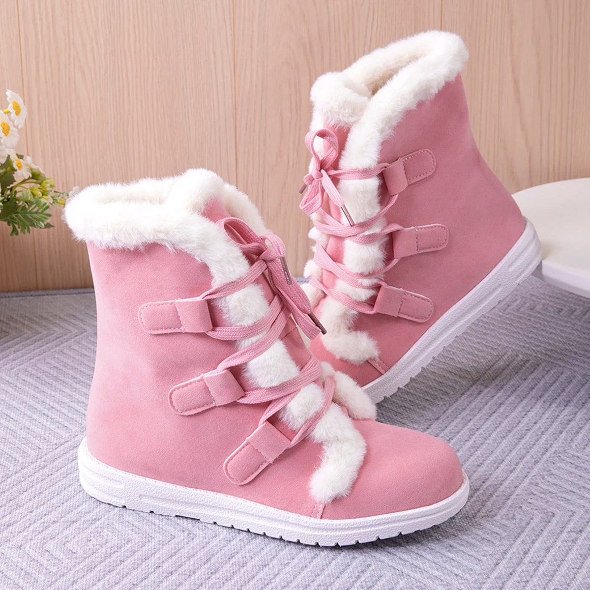 Snow Boots Women's Shoes Short Boot Winter Wedges Luxury Elegant Woman Lolita Furry Sneakers Pink Cute Comfortable Flat on Offer