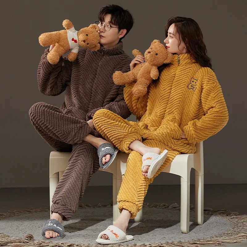 2023 Winter Couple Red Color Zipper Thick Warm Flannel Pajama Sets For Women Korean Loose Sleepwear Men Homewear Home Clothes