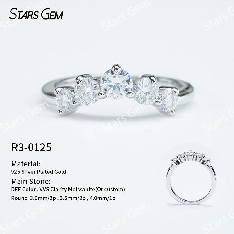 S925 Sterling Silver Ring Round Brilliant Cut Moissanite Ring Five Stone Wedding Ring