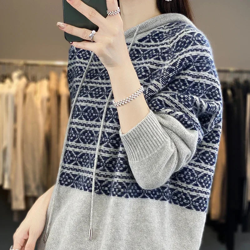 Pullover Cashmere Sweater Women's Knitted New  23 Hooded Women's 100% Wool Sweater Loose and Comfortable in Autumn and Winter