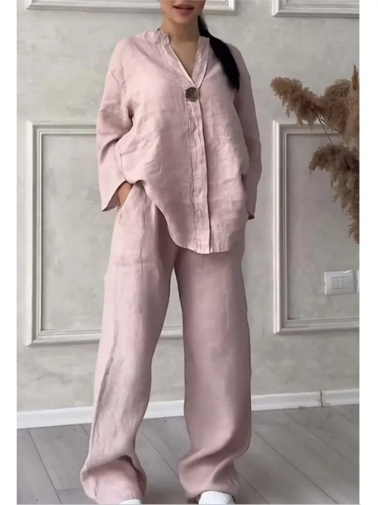 Spring Autumn Fashion Cotton And Linen Solid Two Piece Set Women Causal Loose V-neck Top Wide Leg Pants  2 Piece Sets Woman