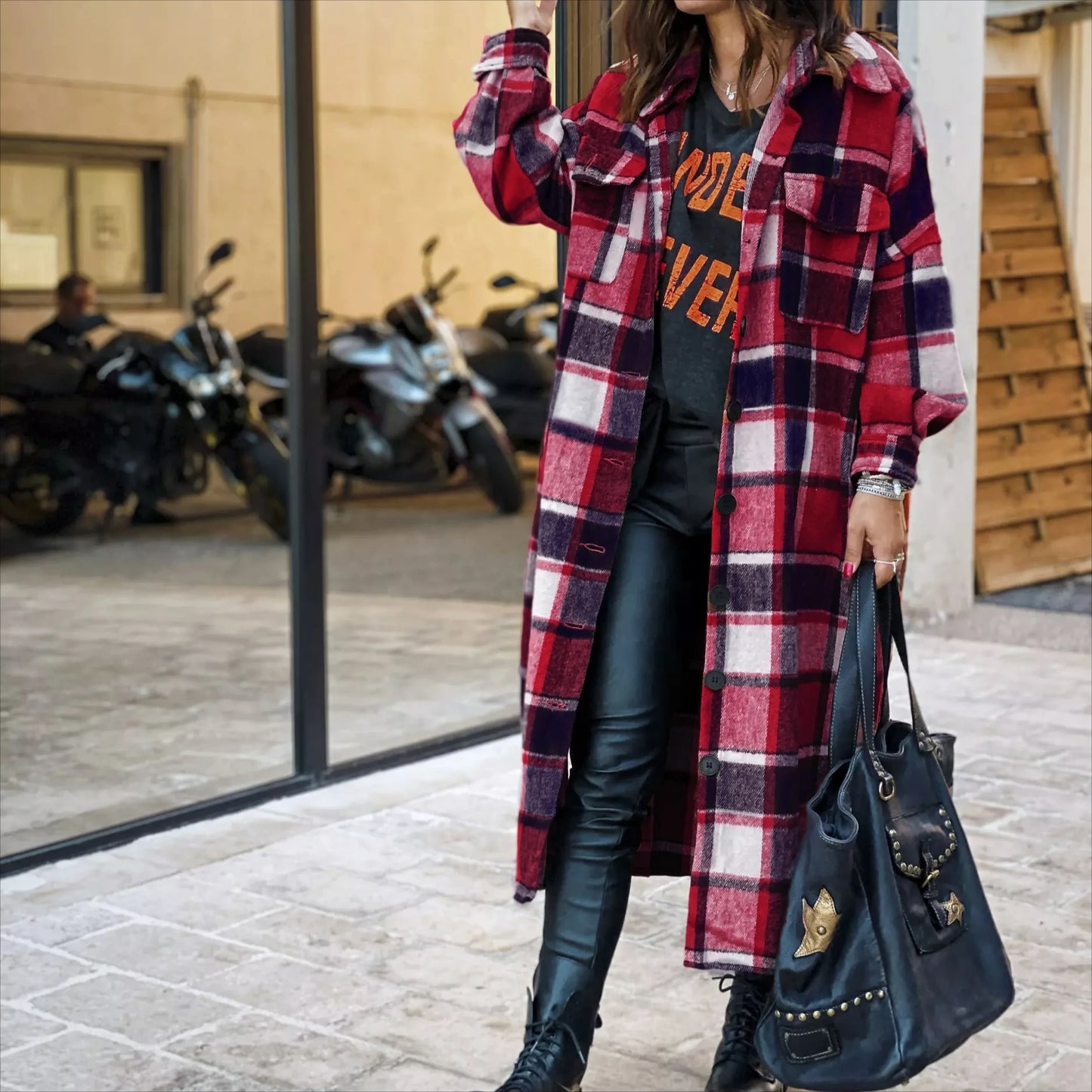 Women Coat Plaid Print Long Maxi Button Coats Long Sleeve Shacket Autumn Turn Down Collar Single Jacket Breasted Spring Jackets