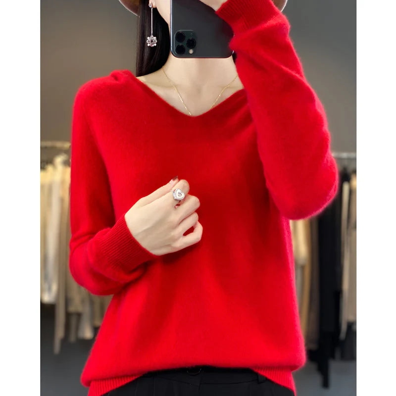 2024 100% Merino Pure Wool V-neck Hoodie Autumn/Winter Hoodie New Cashmere Sweater Women's Casual Knitted Top DMR207