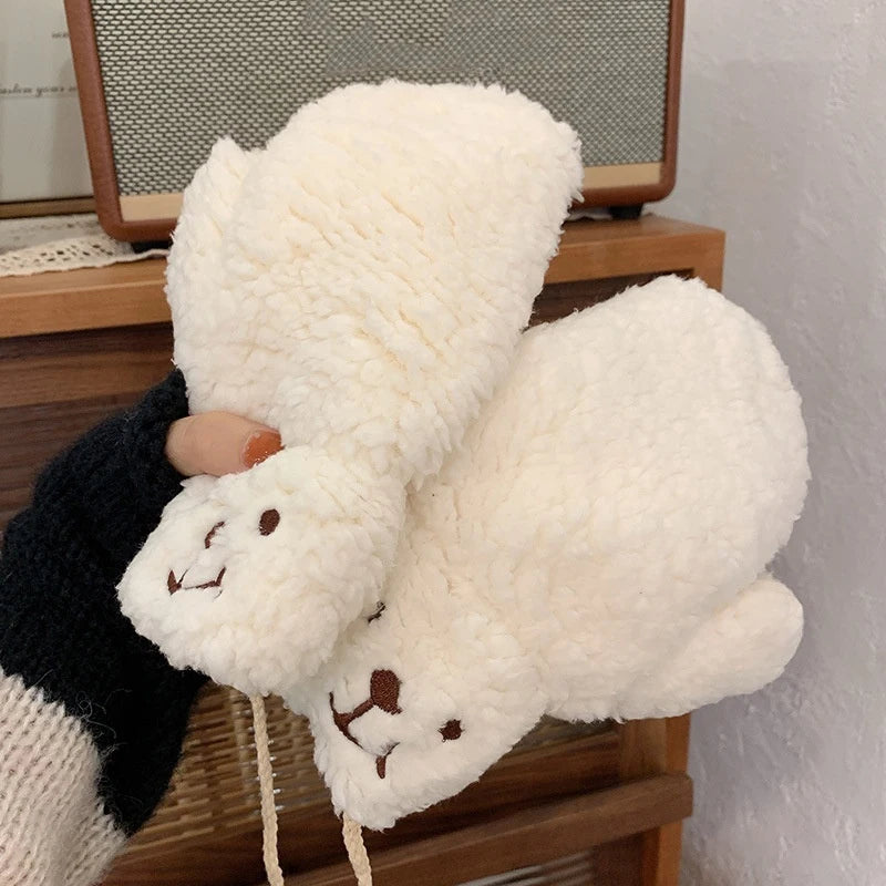 Kawaii Plush Warm Gloves Soft Winter Thick Fingerless Korean Japanese Bear Gloves With Ropes Casual Outdoor Riding Mittens Warm