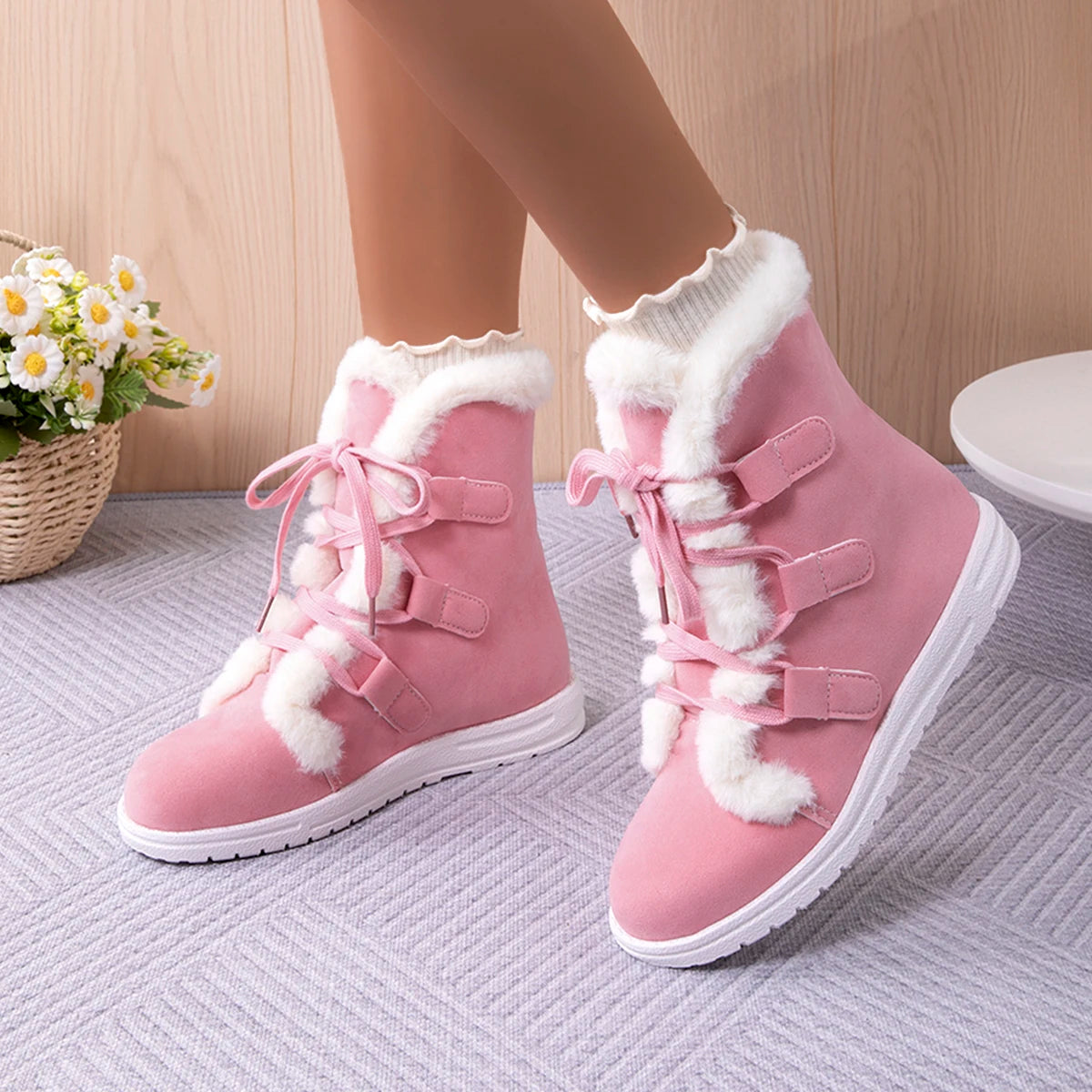 Snow Boots Women's Shoes Short Boot Winter Wedges Luxury Elegant Woman Lolita Furry Sneakers Pink Cute Comfortable Flat on Offer