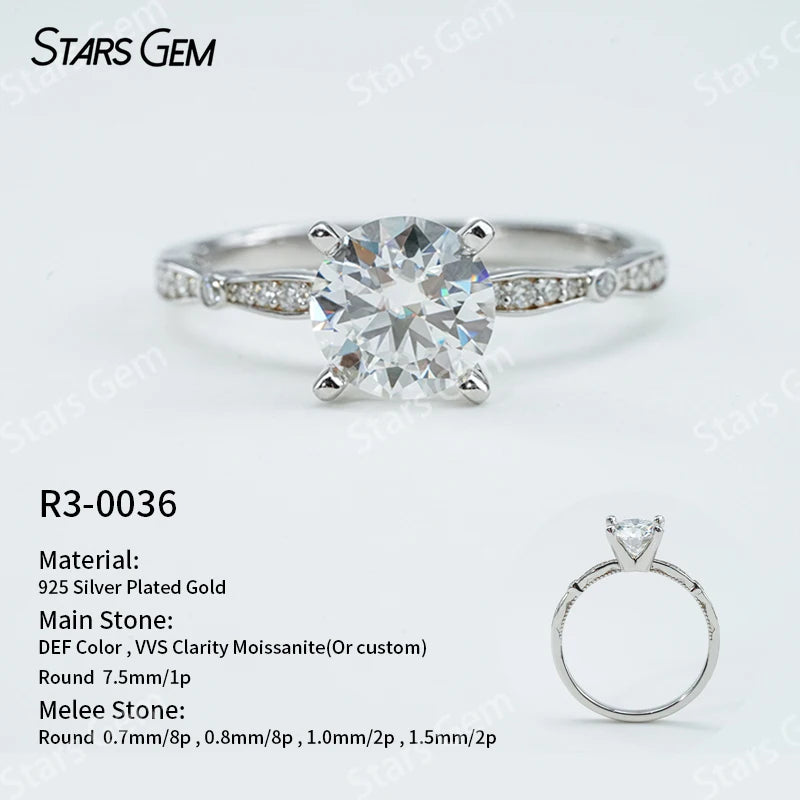 S925 Silver Round Brilliant Cut Moissanite Ring Solitaire Engagement Ring Fine Jewelry