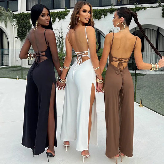 Women's S-L sizeNew solid color slit long pants skirt with suspender sexy backless strap jumpsuit for women jump suits for women