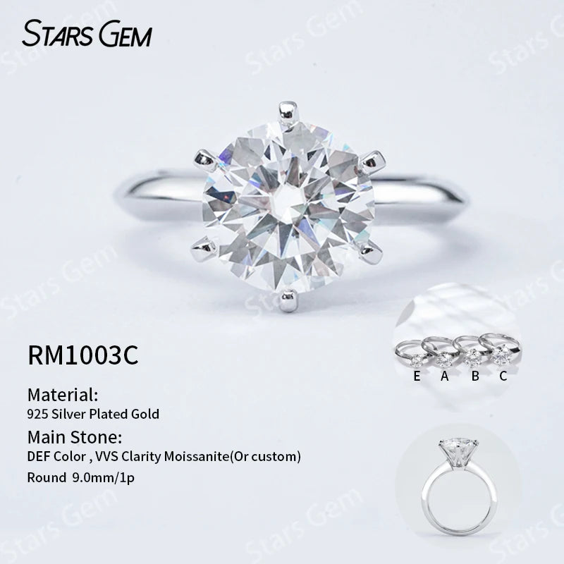 S925 Silver Round Brilliant Cut Moissanite Ring Solitaire Engagement Ring Fine Jewelry