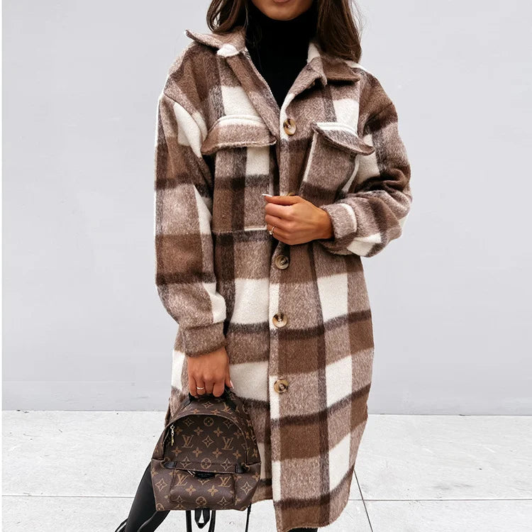 Women Plaid Printed Warm Jacket 2021 Autumn Winter New Fashion Casual Long Overcoat Pop Lapel Lady Single Breasted Shirt Coats