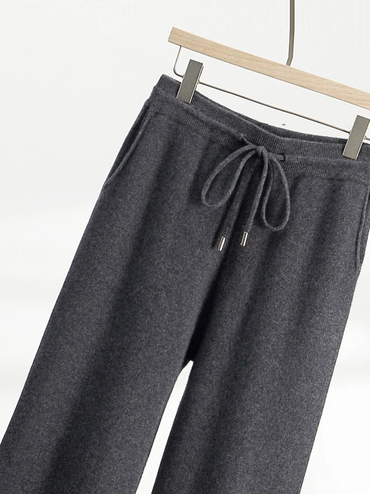 Men's Cashmere Wide Leg Pants Thick Elastic Waist Knitted Trousers Autumn Winter 100% Cashmere Smart Casual Pockets Luxury Pants