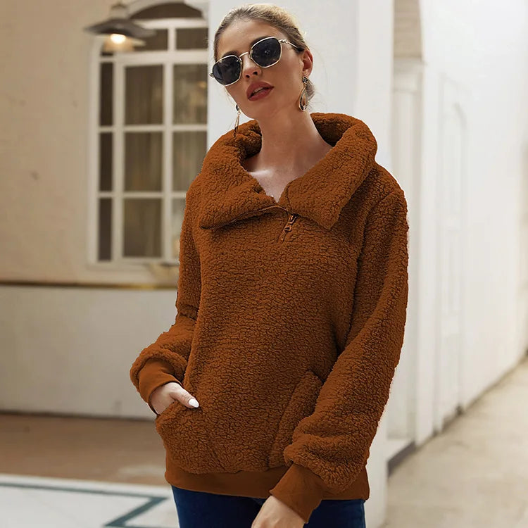 Autumn and winter lamb wool asymmetrical collar pullover solid color thick hoodie sweater top for women