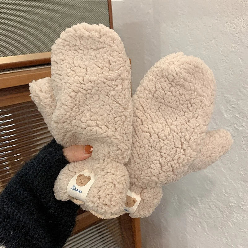 Kawaii Plush Warm Gloves Soft Winter Thick Fingerless Korean Japanese Bear Gloves With Ropes Casual Outdoor Riding Mittens Warm