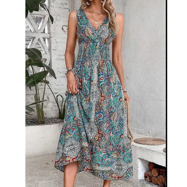 Women's Long Dress New Fashion Printed Sleeveless V-neck Temperament High Waist Bohemian Long Dress Women's Clothing