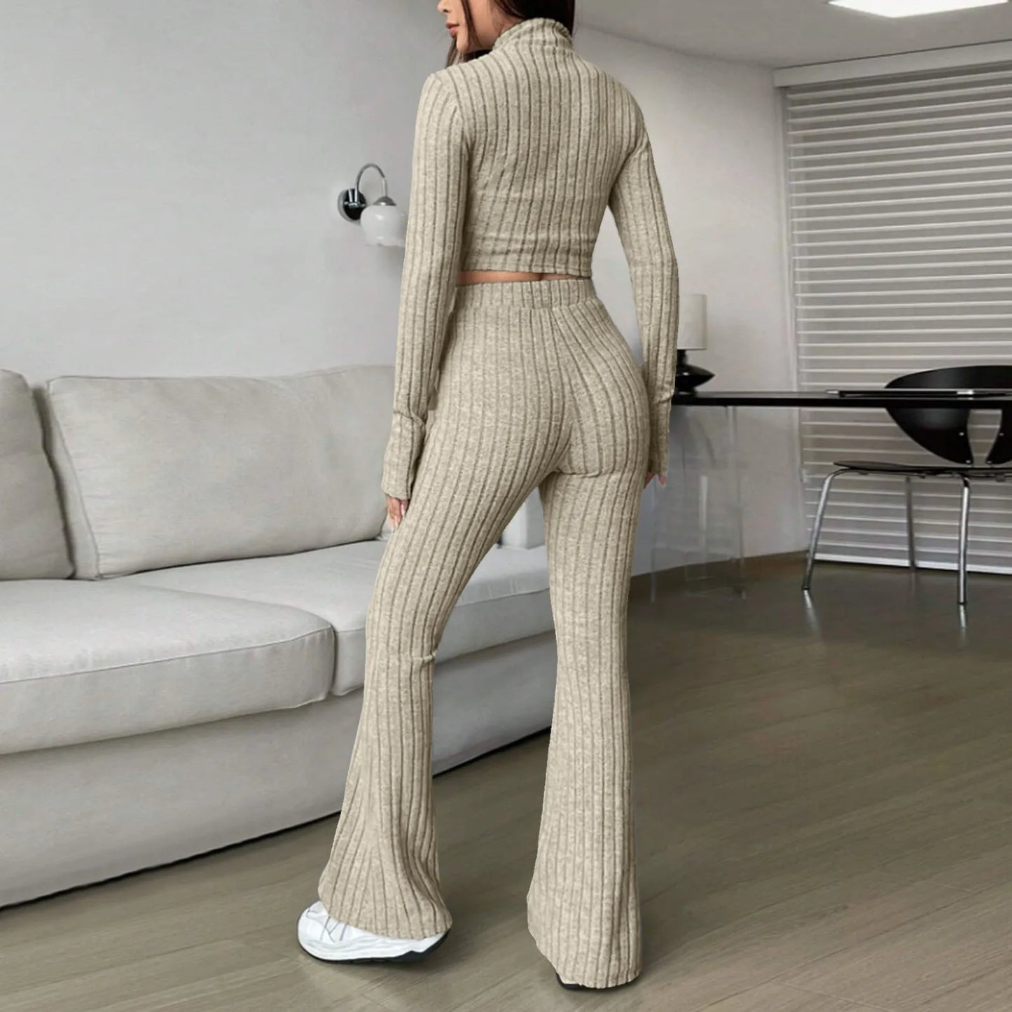 2024 Spring Knitted 2 Piece Sets Women Tracksuit Long Sleeve Vintage Sweater Crop Top Flare Pants Stretch Matching Suit Outfit