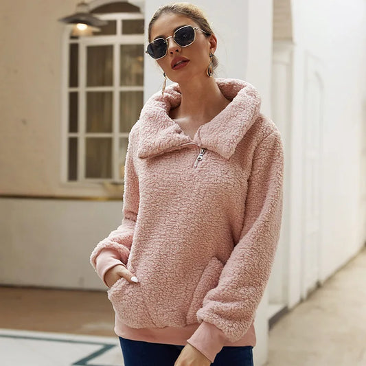 Autumn and winter lamb wool asymmetrical collar pullover solid color thick hoodie sweater top for women