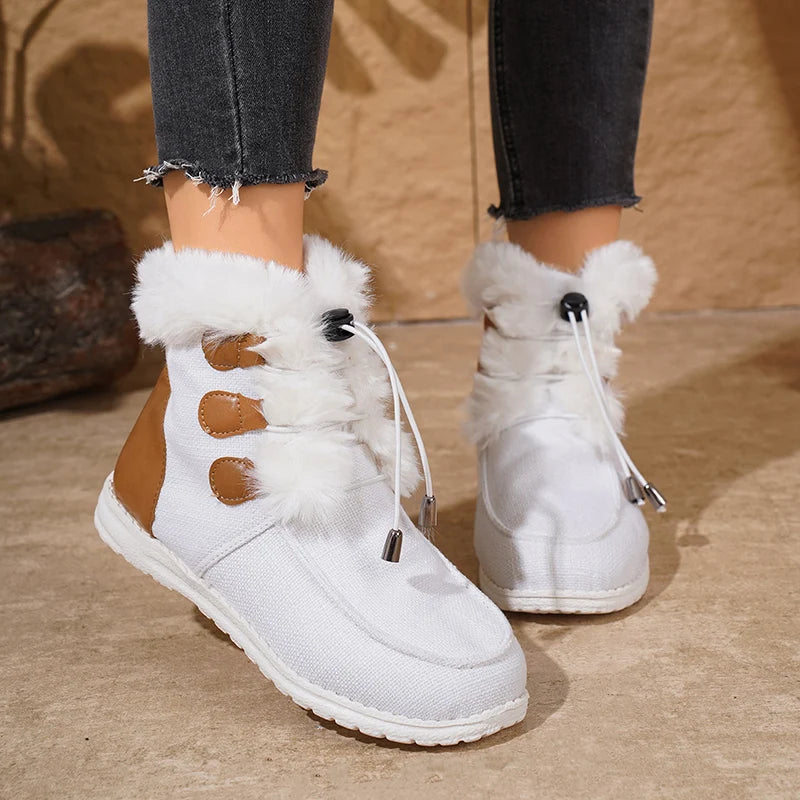 Non Slip Winter Fur Snow Boots Women Casual Lace Up Flat Heels Snow Boots Woman Comfortable Faux Fur Cotton Padded Shoes Female