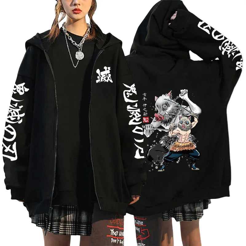 Autumn Winter Demon Slayer Printing Jackets Mens Womens Casual Streetwear Warm Outerwear Anime Clothing Harajuku Zip Up Hoodies