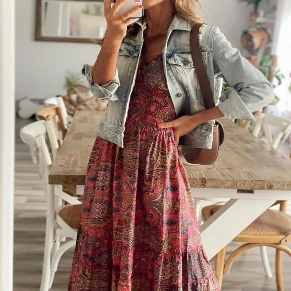 Women Vintage Long Dresses 2023 Summer Floral Print Bohemian Beach Sundress Female Casual V Neck Big Swing Maxi Dresses Vestidos