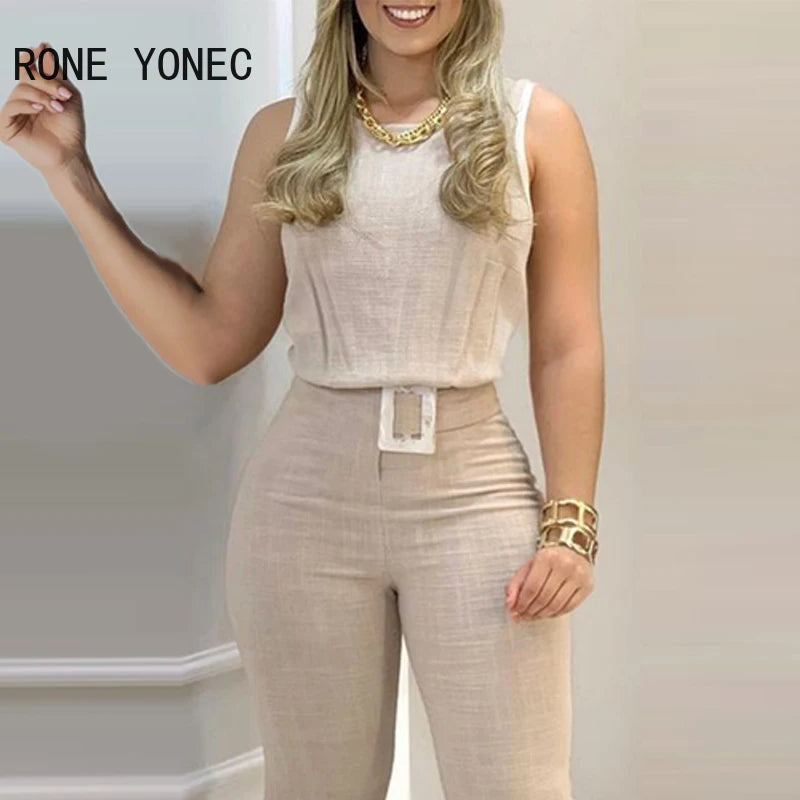 Women O-neck Sleeveless Ribbed Top & Pocket Design with Belts Pants Set