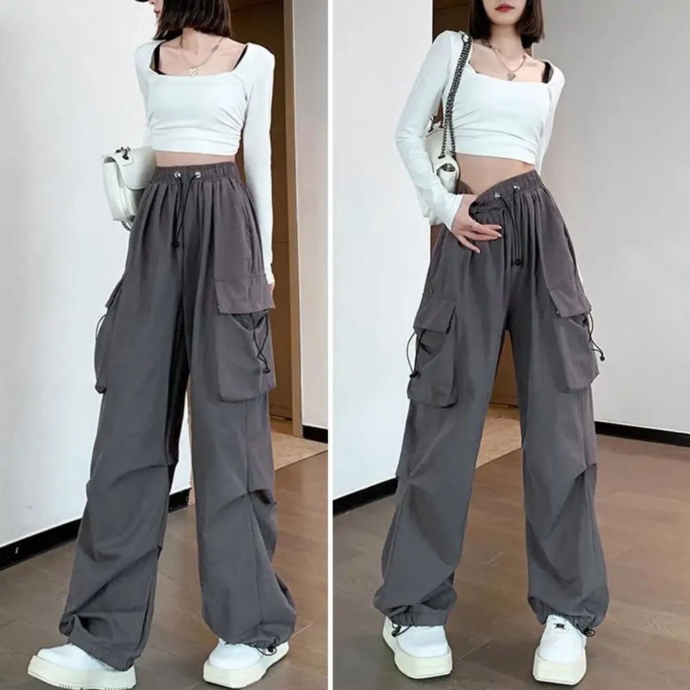 Y2K Parachute Black Elastic Waist Pants Women Streetwear Multi Pockets Cargo Trousers Harajuku Wide Leg Baggy Sweatpants