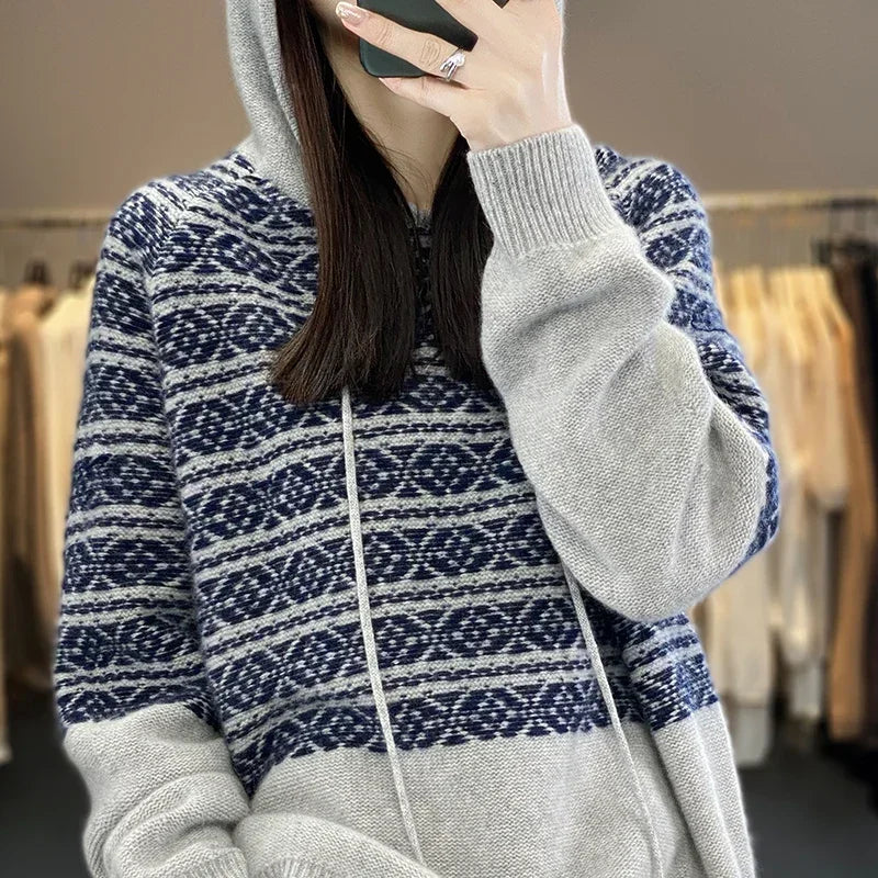 Pullover Cashmere Sweater Women's Knitted New  23 Hooded Women's 100% Wool Sweater Loose and Comfortable in Autumn and Winter