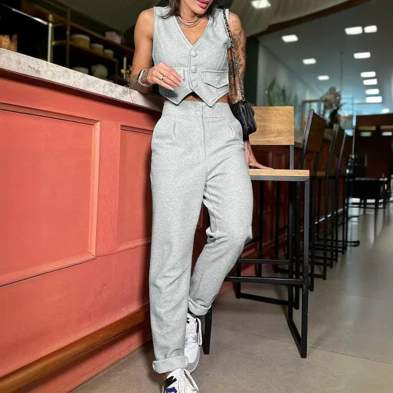 2024 Women Elegant Solid Color Short Navel Shirt High Waist Trousers Two-piece Suit