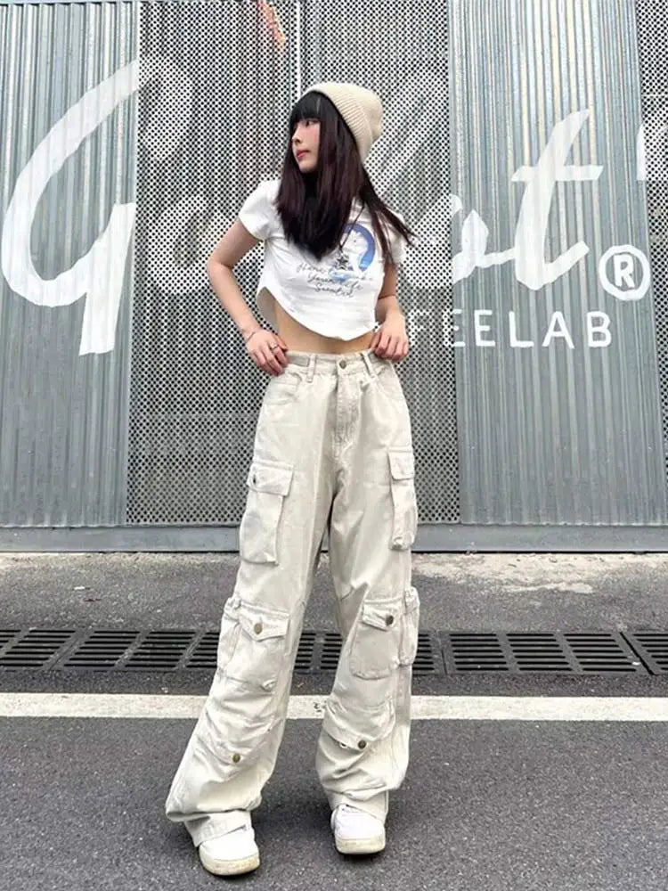 Multi-Pocket Washed Cargo Pants Women Heavy Industry Streetwear Y2K Vintage High Waist Oversized Straight-Leg Jeans Trousers