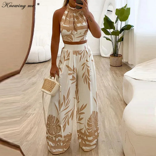 Sexy Halter Backless 2 Piece Set Women 2024 Summer Sleeveless Tropical Striped Crop Top & Loose High Waist Wide Leg Pants Set