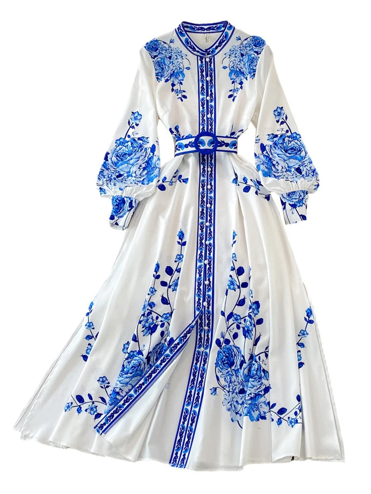 EWQ Chinese Style Print Long Dress For Women Lantern Sleeves Belt Gathered Waist A-line Dresses 2024 Spring New Clothing 27C168