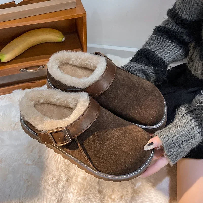 Fur Women Flats Slippers Platform Warm Walking Shoes 2024 Trend Winter New Short Plush Cotton Mules Shoes Home Fad Flip Flops