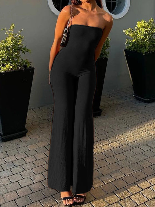 Sweetown Black Solid Strapless Elegant Long Jumpsuits For Women Slim Wide Leg Flared Rompers Simple Fashion Vacation Overalls