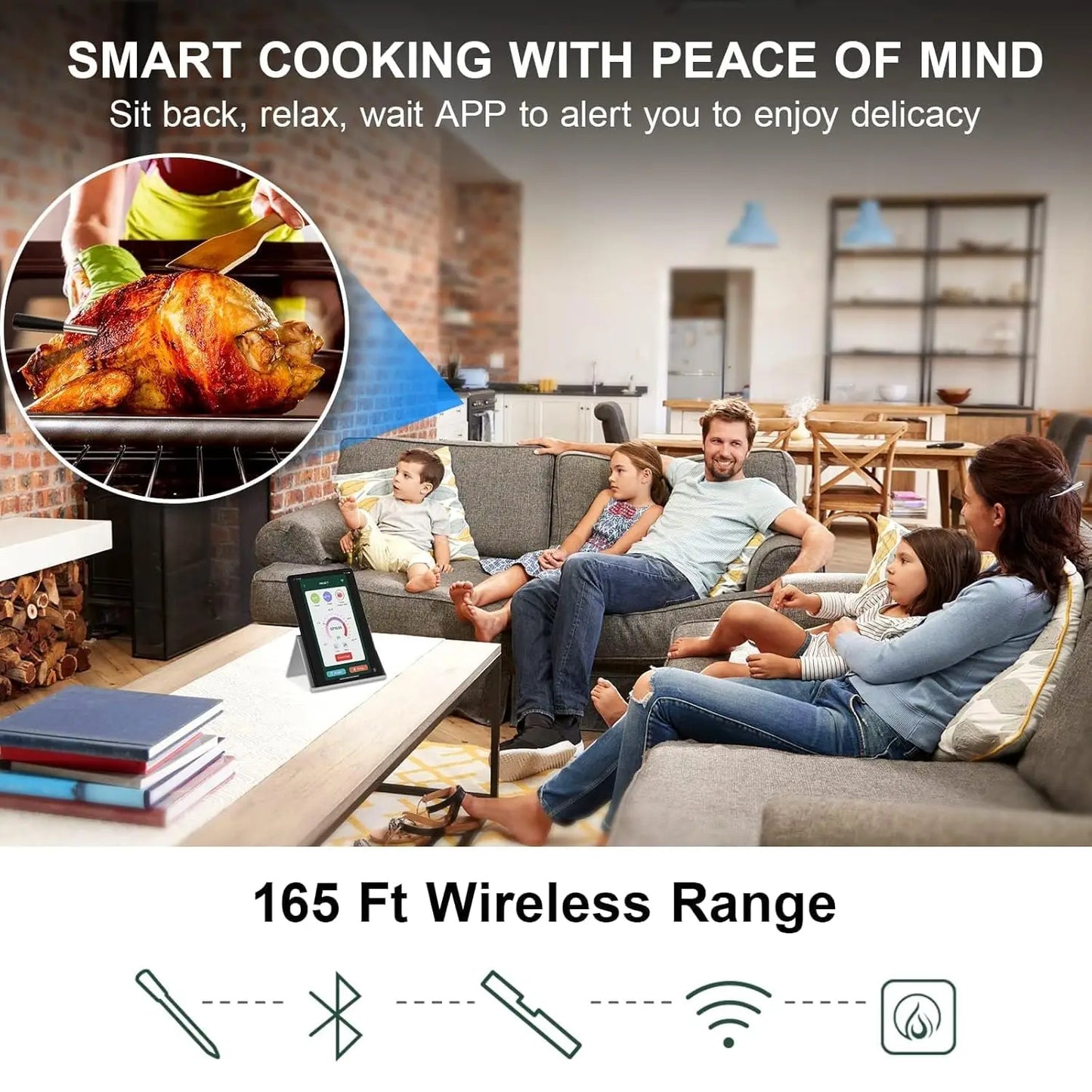 Smart Wireless Meat Thermometer, Bluetooth Food Digital Thermometer with 165ft Wireless Range, Cooking Thermometer with -Thin Pr